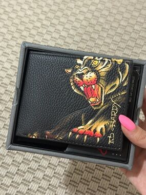 Ed Hardy Black Leather Wallet with Red and Gold Tiger Artwork